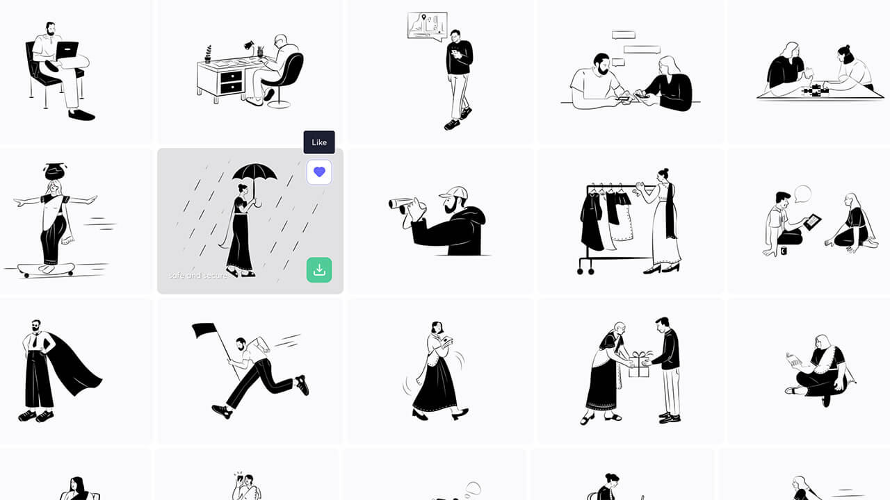 免费商用卡通黑白插画——IconsCout官网截图