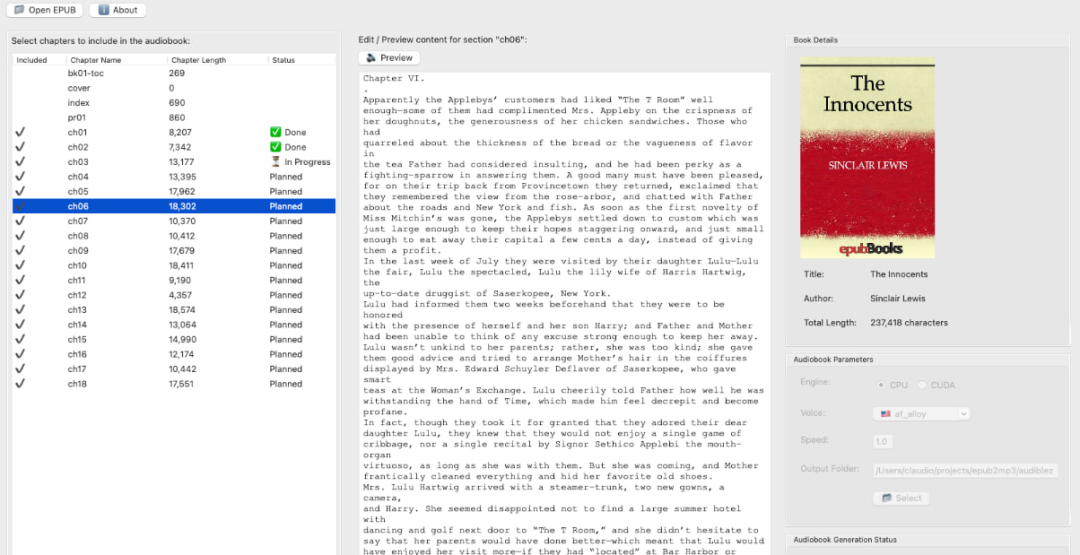 Audiblez电子书转有声书工具，将 epub 文本转换为 m4b 音频，支持 8 种中文音色，以及中英日法等多种语言