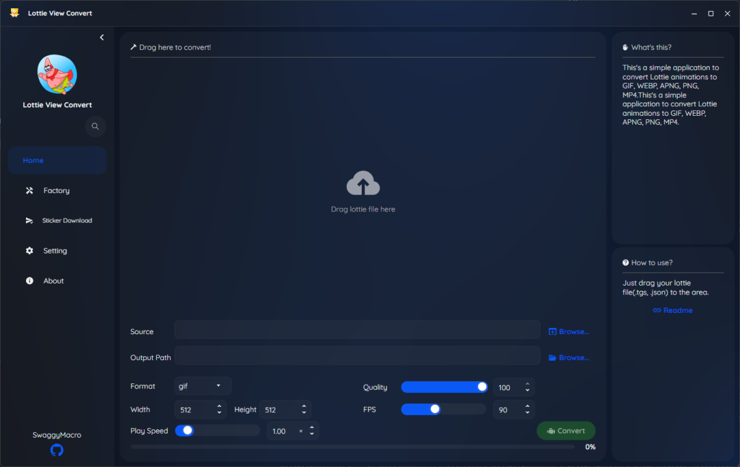 LottieViewConvert – TGS 格式、Discord 动画贴纸、标准 Lottie 动画批量转换工具