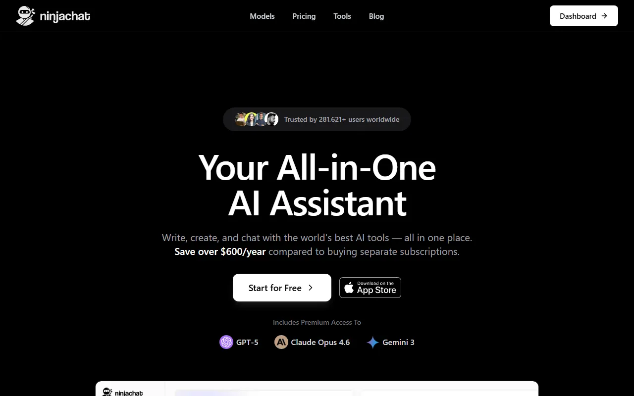 NINJACHAT AI：一个网页同时用15款大模型，每月只要24美元